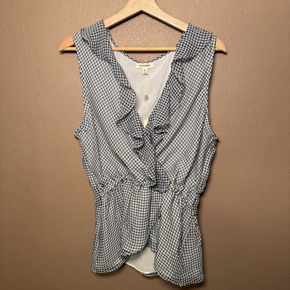 Max Studio Navy & White Gingham Wrap Sleeveless Blouse Size XL NWT Preppy Boho